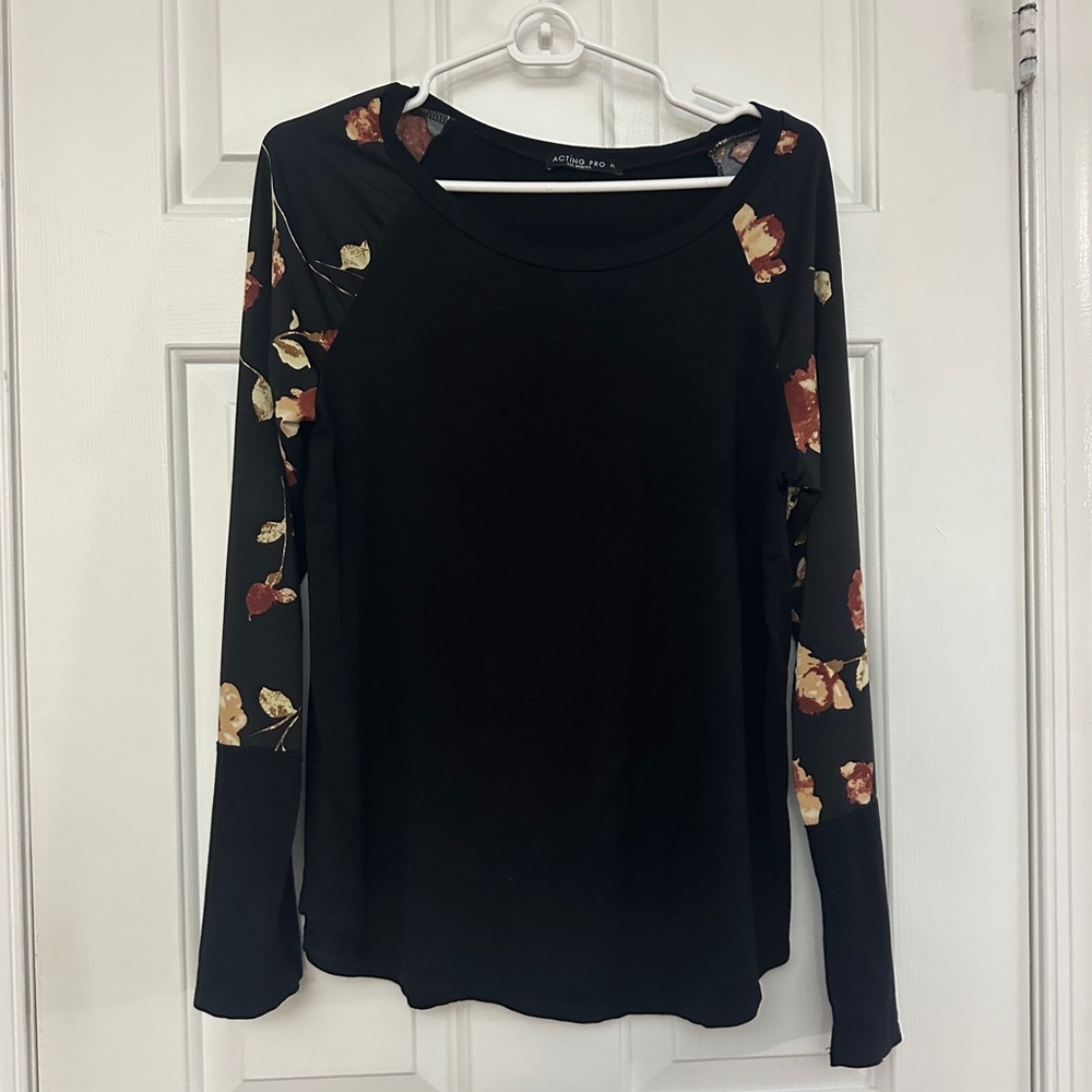 Acting Pro Black Top with Brown Floral Sleeves
